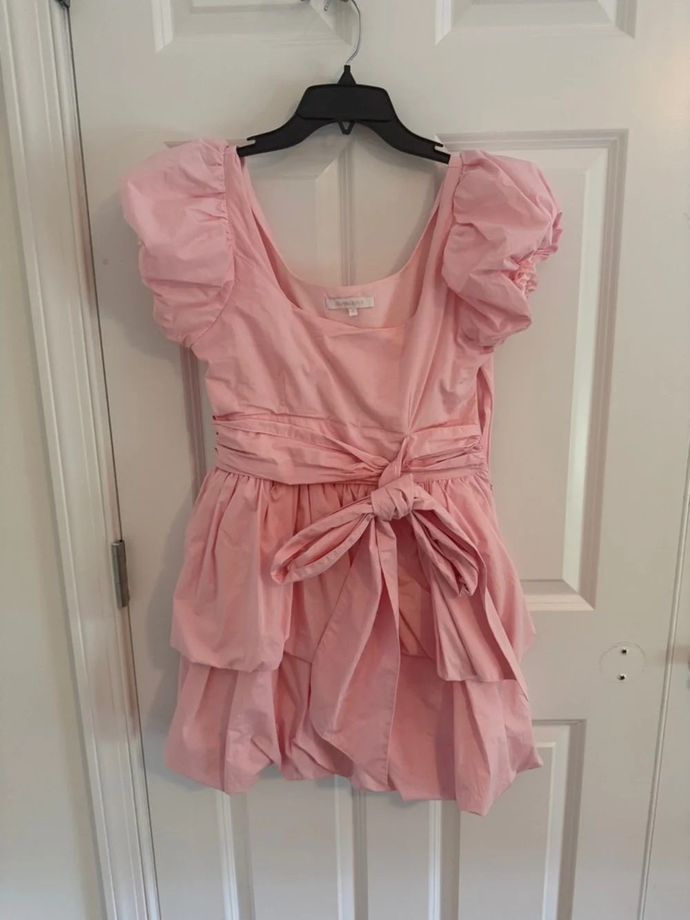 Olivaceous Pink Puff Sleeve Tiered Mini Dress with Waist Tie Small - Picture 3 of 12